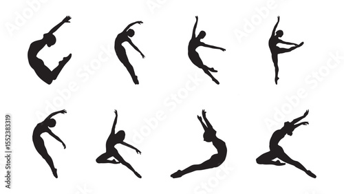 Collection of eight black silhouette ballet dancers in various graceful poses on white background