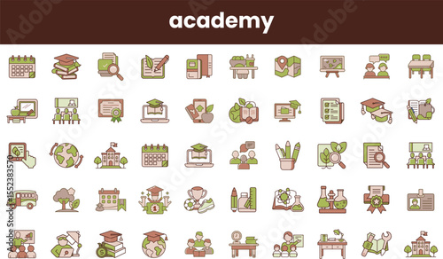 A vibrant collection of education-themed icons showcasing various elements such as books, graduation caps, and school-related items in a playful design.