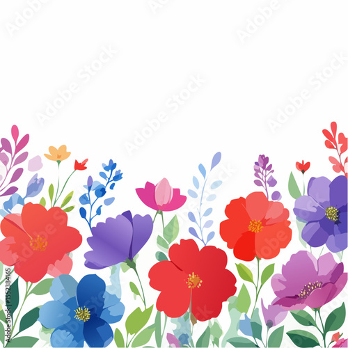 A series of bright floral vector borders with watercolor-style flowers placed only along the bottom edge, featuring vivid petals and soft greenery on a clean white background.