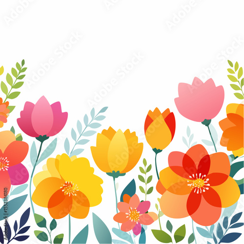 A series of bright floral vector borders with watercolor-style flowers placed only along the bottom edge, featuring vivid petals and soft greenery on a clean white background.
