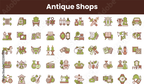 A vibrant collection of antique shop icons featuring various items like furniture, clocks, and vintage decor, showcasing a nostalgic charm in earthy tones.