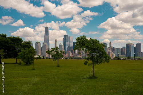 New York City on sky clouds. NYC cityscape with skyscrapers. Panoramic of New York City skyline. Manhattan skyline. New York and Hudson River. Downtown NYC. New York skyscrapers. photo