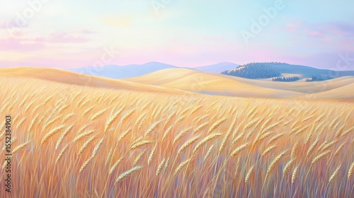 Pastel wheat field with gentle slopes and soft sky
