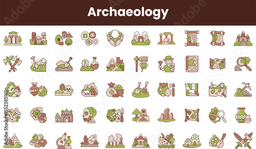 A vibrant collection of colorful icons representing various aspects of archaeology including tools, sites, and artifacts, creating a playful educational vibe.