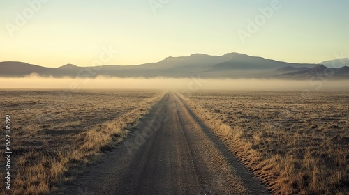 Solitary tracks fading into fog in empty plain