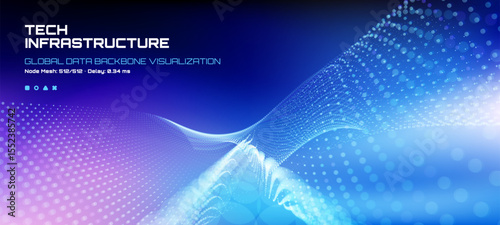 Tech infrastructure global data backbone visualization with abstract dotted waves for network, big data, and cloud computing.