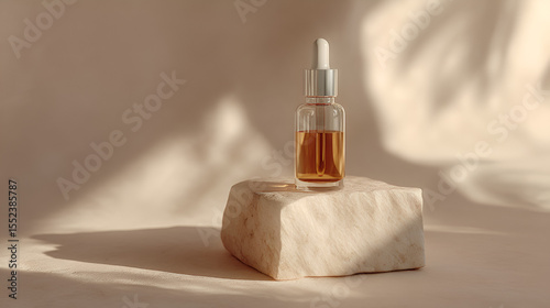 Elegant skincare serum in glass bottle with dropper on stone platform bathed in warm light. Minimalist presentation.