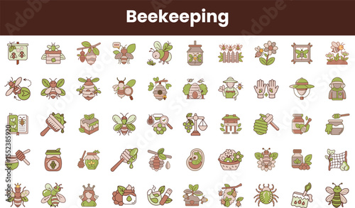 A vibrant collection of assorted beekeeping icons, featuring bees, honey jars, flowers, and beekeeper tools, set against a warm brown background.