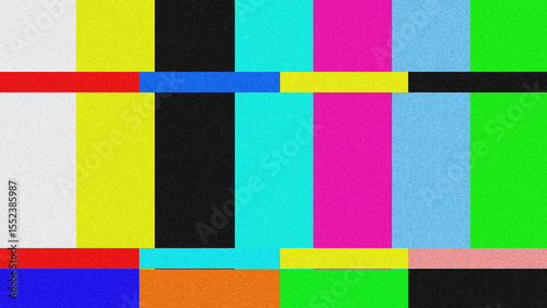 TV glitch bar background with distorted lines and static noise. Glitch effect represents signal error, digital interference, and retro screen malfunction. Abstract bars create a chaotic visual.