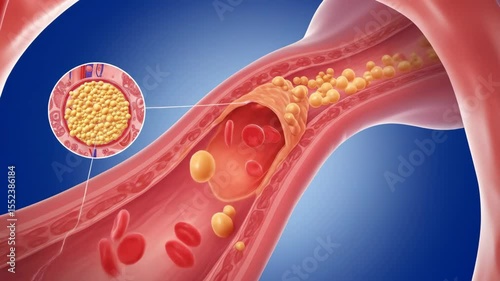 Artery clogged with cholesterol due to plaque buildup with blood cells. Medical health and illness concept. 3D footage.