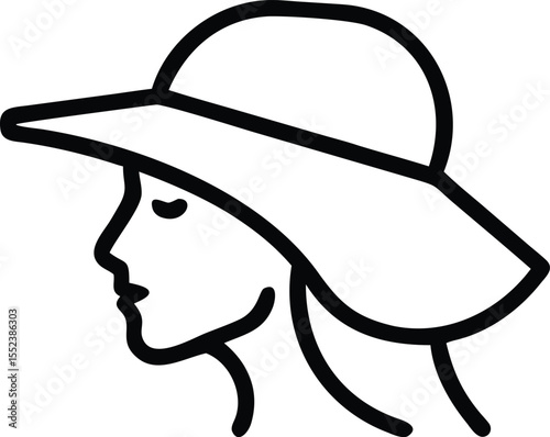 Elegant black and white line art illustration of a woman wearing a wide brimmed hat