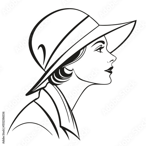 Elegant line art portrait of a woman wearing a stylish wide brimmed hat in profile