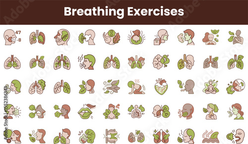 Illustrations of breathing exercises depicting various techniques to enhance lung capacity and promote relaxation. Ideal for health and wellness themes.