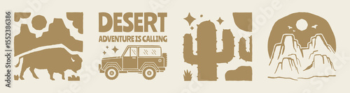 Desert adventure graphics with wild west flair featuring cactus, bison, off road car, and rocky landscapes in vintage silhouette style.