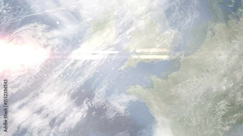 Earth zoom in from space and focus on Camborne, England, South West England, Great Britain. Background for travel intro or blog. Satellite view. 3D style Animation. Images from NASA.