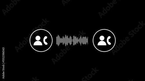 Minimalist vector illustration depicting a telephone conversation between two individuals displayed as white icons set against a dark black background