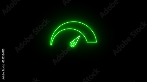 Green neon speedometer graphic glowing on black background representing concepts like speed performance progress or efficiency within the digital realm