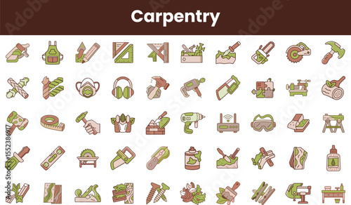 A colorful assortment of carpentry tools and icons, featuring saws, drills, safety gear, and equipment, showcasing the essentials of woodworking and craftsmanship.