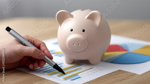 A piggy bank sits on top of financial charts, symbolizing savings and financial growth.