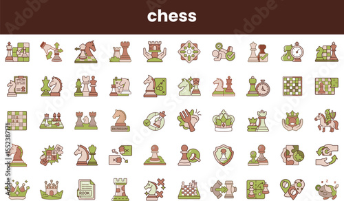 A collection of colorful chess icons, showcasing various pieces, moves, and strategies, ideal for chess enthusiasts and educational materials.