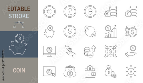 Coins thin line icons. Editable stroke.