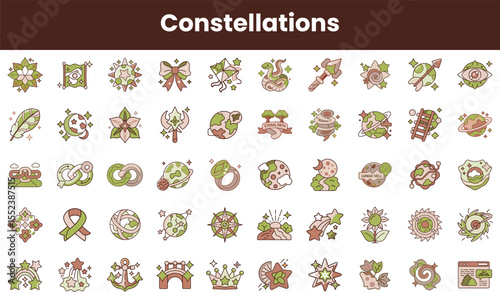 A vibrant collection of illustrated constellations, featuring various whimsical designs such as stars, flowers, and celestial symbols in soft, earthy tones.