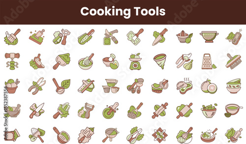 Colorful collection of various cooking tools illustrated in a playful style, showcasing items like rolling pins, graters, and mixing bowls, perfect for culinary creativity.