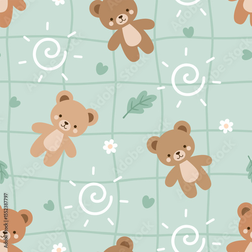 Cute teddy bears with camomile and hears and leaves, seamless pattern with grid texture, kids forest with kawaii animals mint green background.