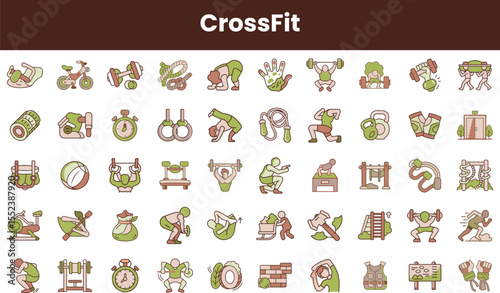 A colorful collection of CrossFit icons featuring diverse exercises and equipment, creating a vibrant atmosphere of fitness and strength.