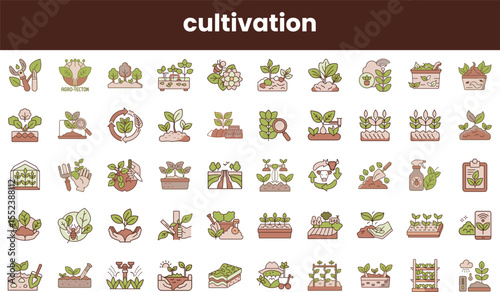 A vibrant collection of cultivation-themed icons featuring various plants, gardening tools, and elements representing growth and nurturing.