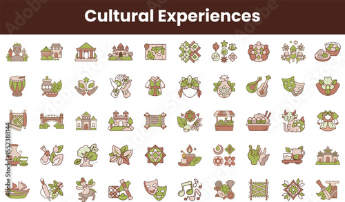 Illustrated icons representing diverse cultural experiences, featuring traditional music, dance, food, and art, showcasing the richness of global heritage.