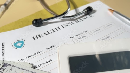 Health Insurance Document on Wooden Desk – Medical Coverage Concept