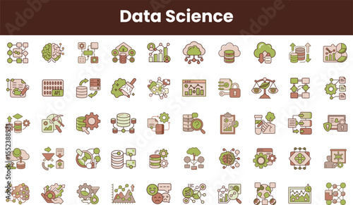 Collection of illustrated icons representing various concepts in data science, featuring graphs, databases, algorithms, and analytics in earthy tones.