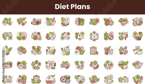 A colorful collection of illustrations representing various diet plans, featuring fruits, vegetables, and healthy meal options, promoting nutritional awareness.