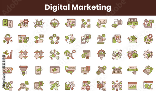 A collection of colorful digital marketing icons, featuring elements like analytics, SEO, and social media, providing a visual guide to online marketing strategies.