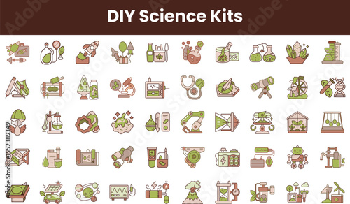 A collection of colorful DIY science kits illustrated in a playful style, showcasing various science experiments and tools designed for educational fun.