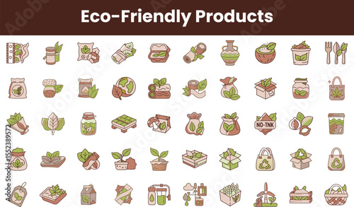 A vibrant collection of eco-friendly product icons, featuring various sustainable items like bags, containers, and natural ingredients, all in earthy colors.