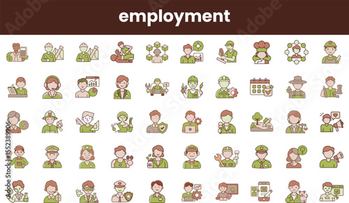 A diverse collection of employment-themed icons, showcasing various professions from agriculture to technology, all in a cohesive color palette.