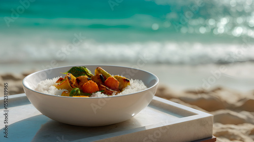 Beachside Bowl: Rice with veggies served with the ocean as a backdrop for a refreshing dining experience