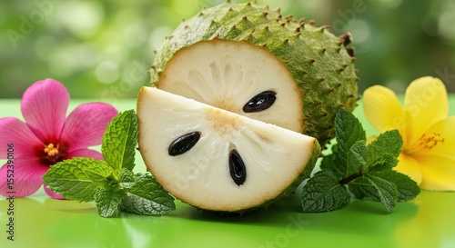 Slice of exotic fruit with green spiky skin and black seeds next to vibrant flowers and fresh mint on a bright green background