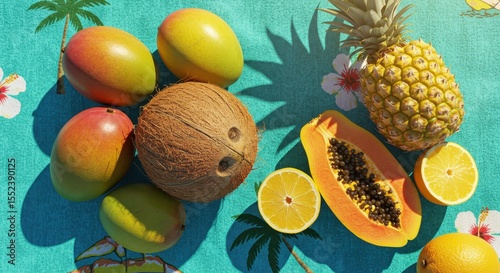 Exotic Fruit Arrangement with Coconut, Mangoes, Pineapple, Papaya, and Lemons on Colorful Tropical Background with Summer Vibes