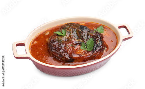 Traditional ossobuco dish with beef steak and sauce isolated on white