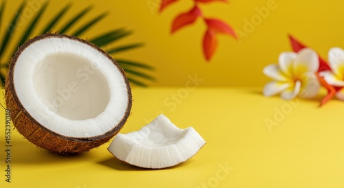 Fresh Coconut Half with Smooth White Flesh on Vibrant Yellow Background Surrounded by Tropical Leaves and Frangipani Flowers