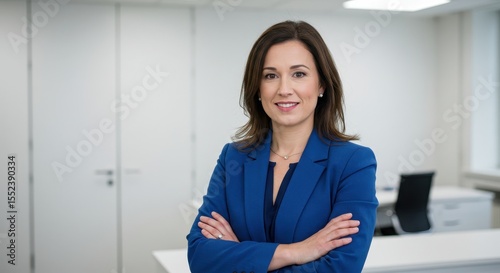 Confident Businesswoman in Professional Attire Standing with Arms Crossed in Modern Office Environment