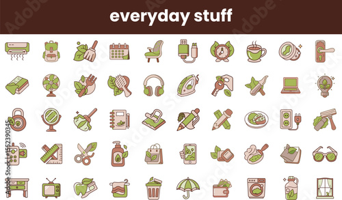 A vibrant collection of everyday icons in a minimalist design, featuring nature-inspired elements like leaves, showcasing items related to work, leisure, and home.