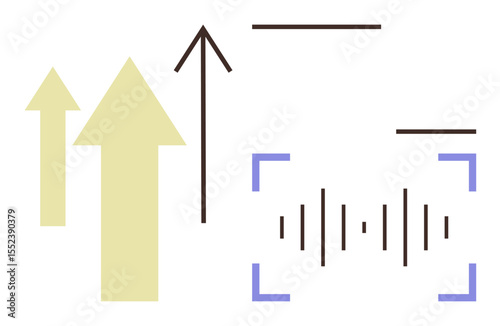 Arrows pointing upward for progress, sound waves within brackets for audio focus, horizontal lines. Ideal for growth, focus, technology, audio analysis, communication, progress minimal design