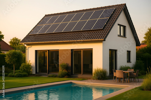 Contemporary Family House With Solar Roof Panels And Poolside Garden In Bremen Germany At Sunset