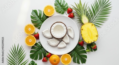 Fresh Tropical Fruits Arrangement with Coconut, Pineapple, Oranges, and Strawberries Surrounded by Green Leaves on White Background