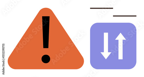 Orange warning triangle with bold exclamation mark next to blue square with up and down arrows. Ideal for caution, alert, security, process flow, system warning, communication, risk. Simple flat