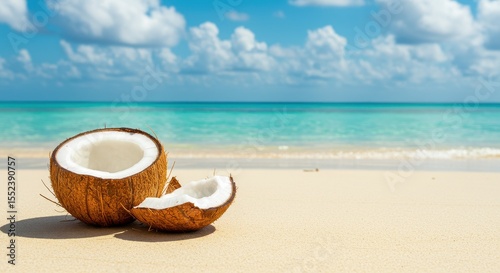 Fresh Coconut Shells on a Serene Tropical Beach with Crystal-Clear Water and a Bright Blue Sky Filled with Fluffy White Clouds